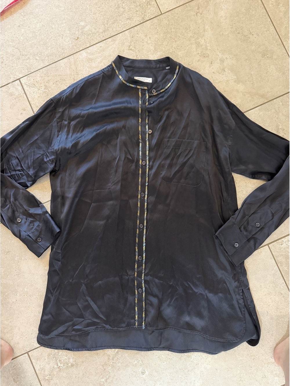 NWOT Equipment 100% Silk Navy Embellished Button Down Top sz L